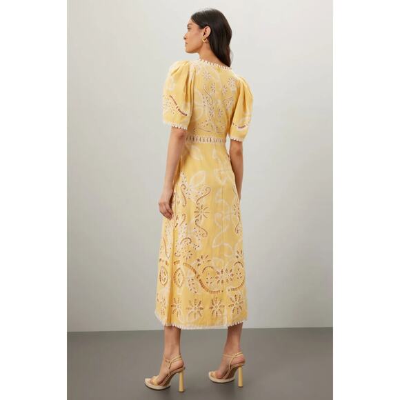 Sea New York Liat Embroidery Dress • Yellow Eyelet Cotton Midi • Boho Chic Sz 14 - Picture 3 of 8
